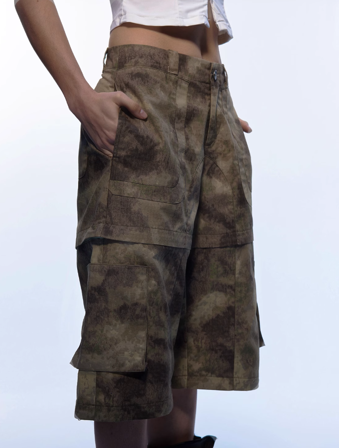 Y2K Camo Wide Leg Cargo Jeans - Detachable Streetwear