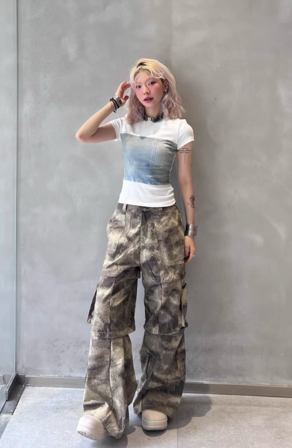 Y2K Camo Wide Leg Cargo Jeans - Detachable Streetwear