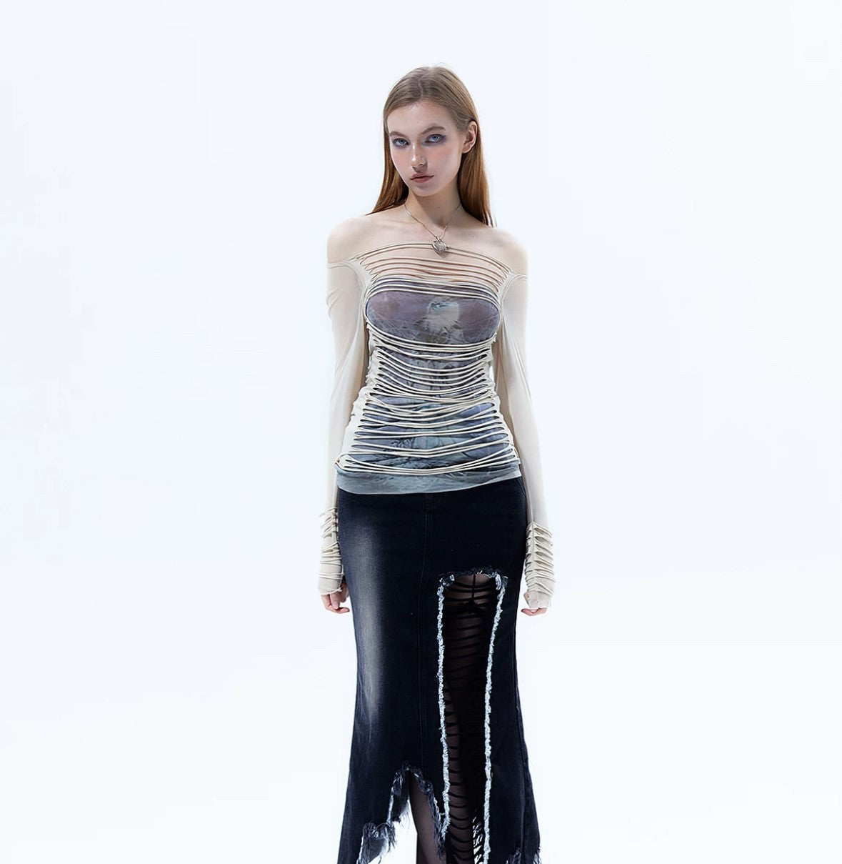 Y2K Striped Mesh Long Sleeve - Slim Fit Retro Top