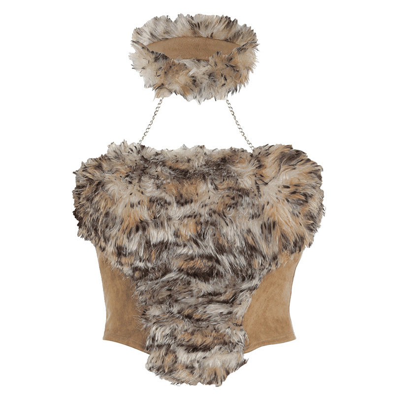 Tribal Fur Patchwork Set - Y2K Backless Low-Rise Chic