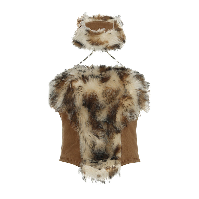 Tribal Fur Patchwork Set - Y2K Backless Low-Rise Chic