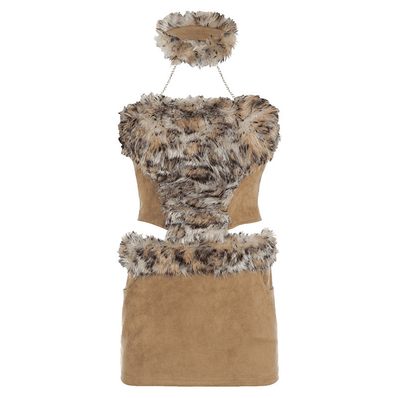 Tribal Fur Patchwork Set - Y2K Backless Low-Rise Chic