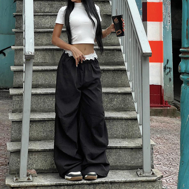 Lace Patchwork Cargo Pants - Y2K Street Style Relaxed Fit