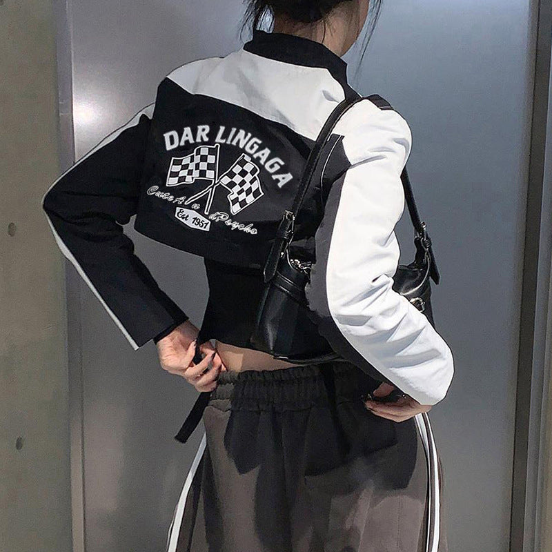 Street Style Biker Jacket - Letter Print Patchwork Design