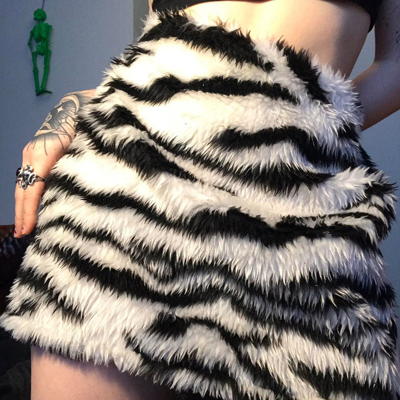 Y2K Zebra Print Fur Skirt - High Waist Winter Chic