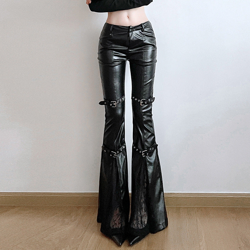 Dark Lace Biker Flare Pants - Low-Rise Sexy Leather