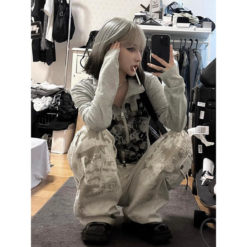 Y2K Vintage Grey Long Sleeve Top - Chain Print Jacket Set