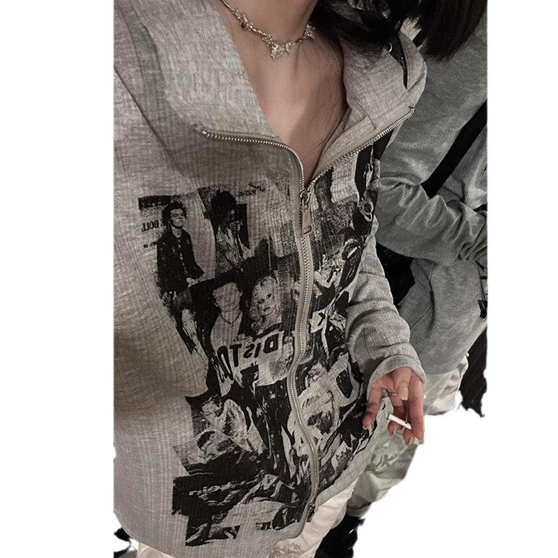 Y2K Vintage Grey Long Sleeve Top - Chain Print Jacket Set