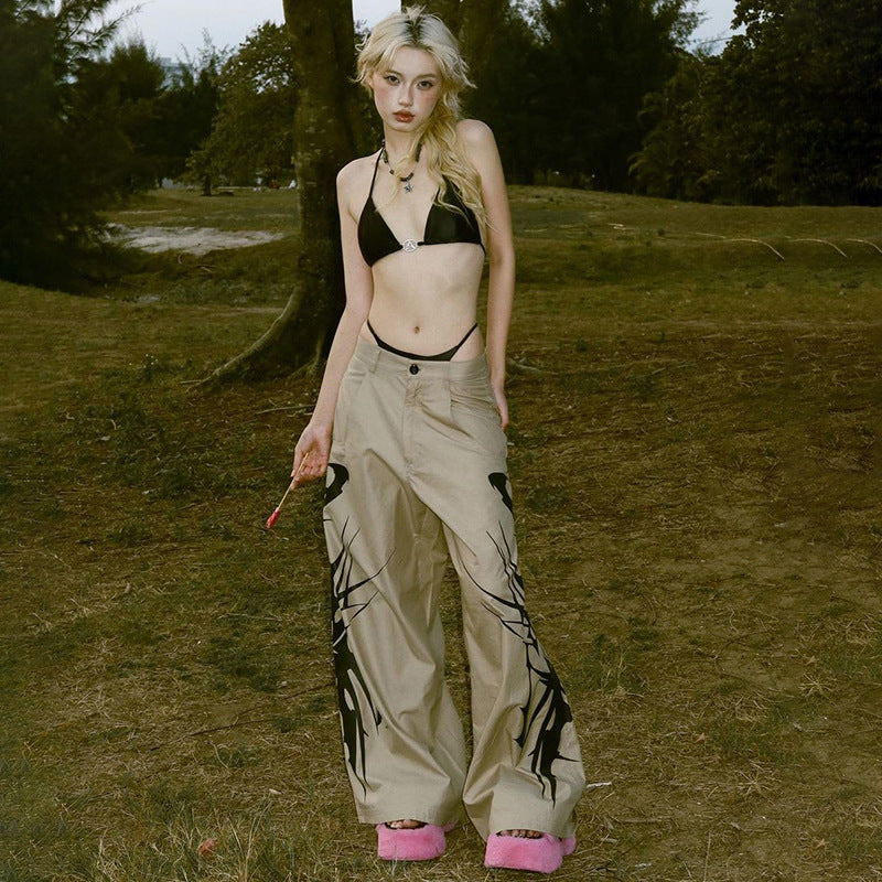 Graffiti Print Wide-Leg Pants - Vintage High-Waist Streetwear