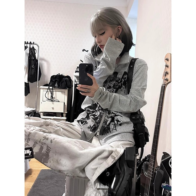 Y2K Vintage Grey Long Sleeve Top - Chain Print Jacket Set