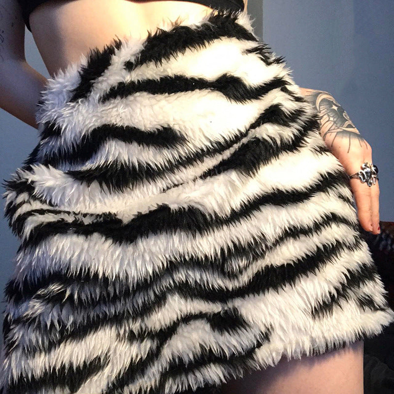 Y2K Zebra Print Fur Skirt - High Waist Winter Chic