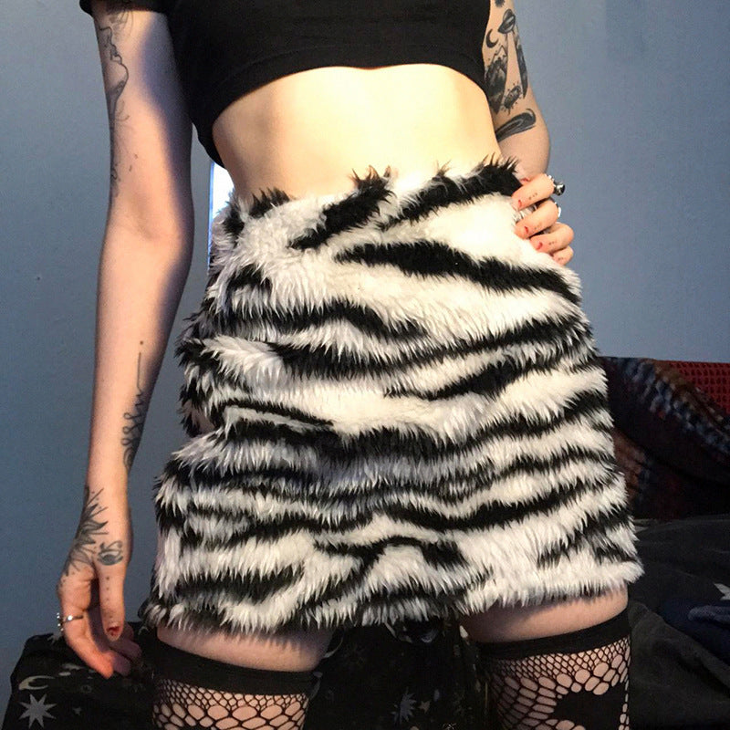 Y2K Zebra Print Fur Skirt - High Waist Winter Chic