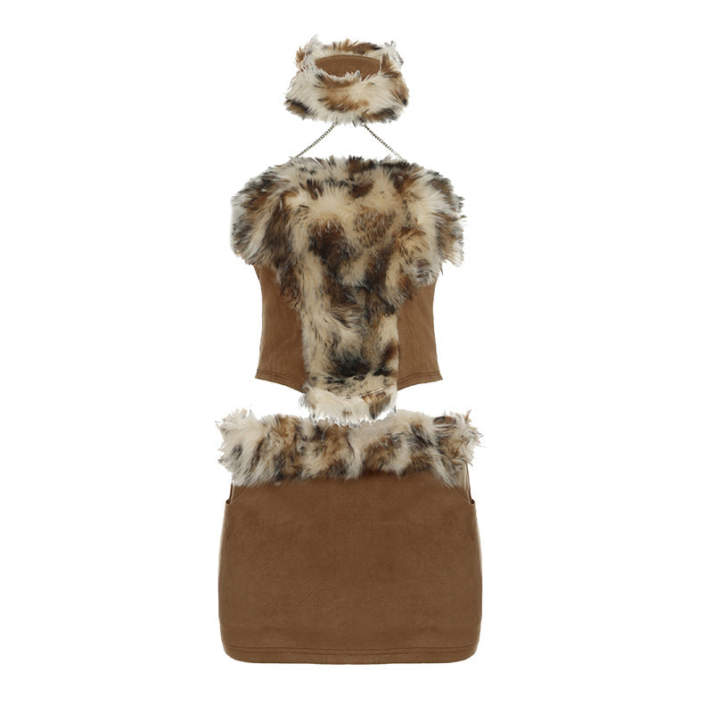 Tribal Fur Patchwork Set - Y2K Backless Low-Rise Chic