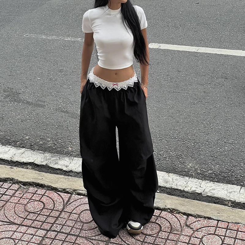Lace Patchwork Cargo Pants - Y2K Street Style Relaxed Fit