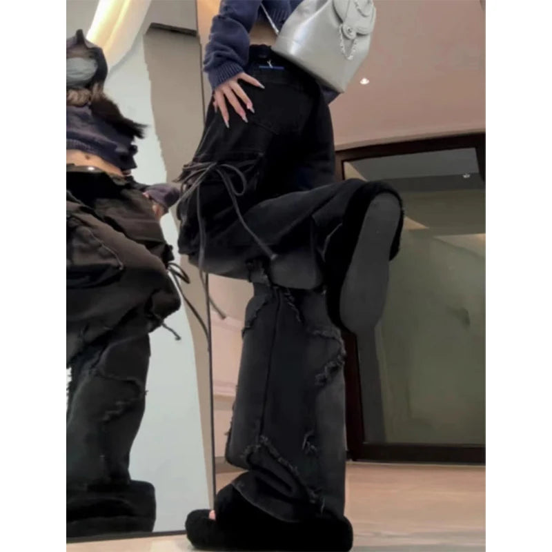 Y2K Black Gothic Cargo Jeans - Star Emo Baggy Pants