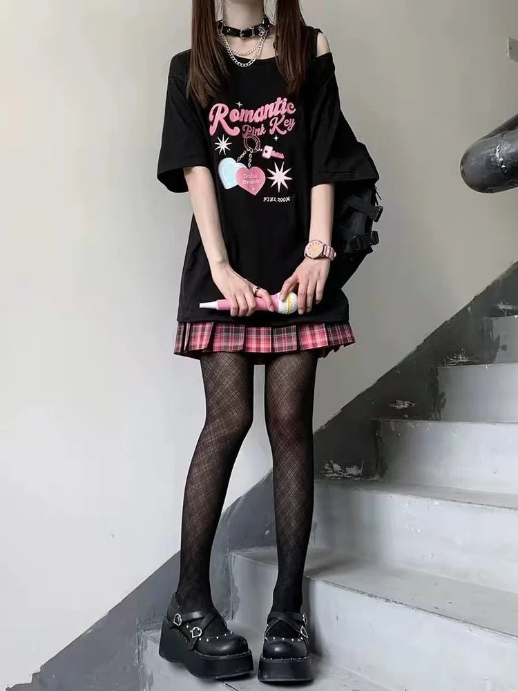 Y2K Kawaii Off Shoulder T-shirt - Harajuku Cute Graphic Tee