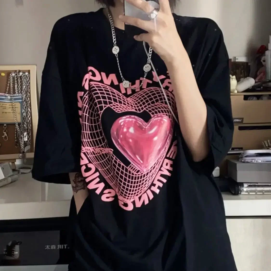 Y2K Oversized Love Graphic Tee - Harajuku Sweet Streetwear