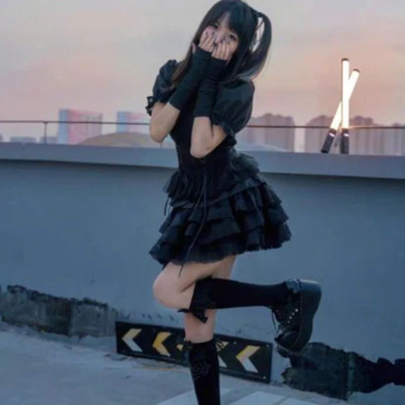 Y2K Gothic Lace Tutu Skirt - Black Mesh Mini Tulle