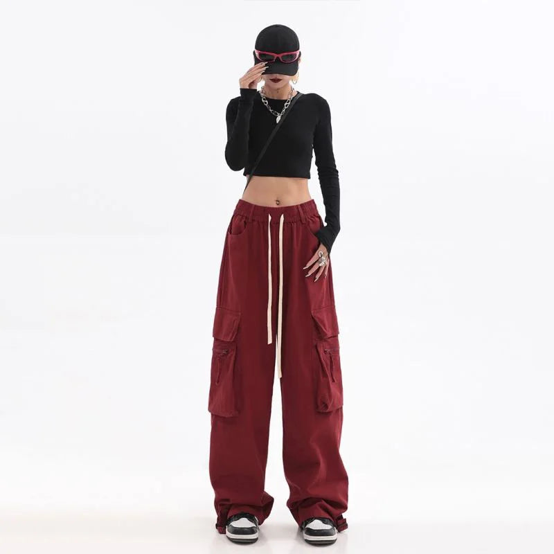 Y2K Vintage Red Cargo Pants - Oversized Hip Hop Streetwear