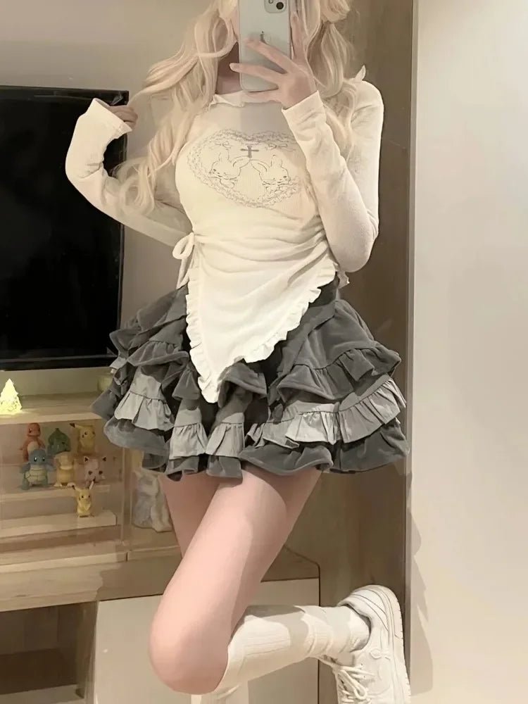 Y2K Kawaii Harajuku Ruffle Tee - Cute Rabbit Print