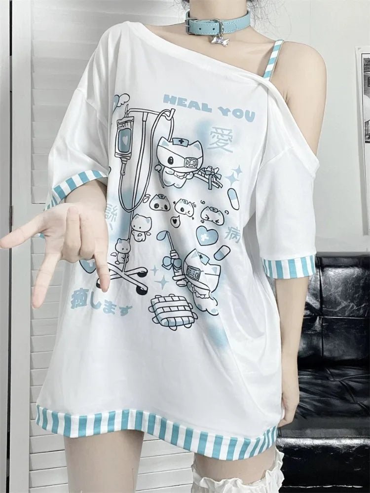 Y2K Gothic Harajuku Patchwork Tee - Kawaii Cartoon Print