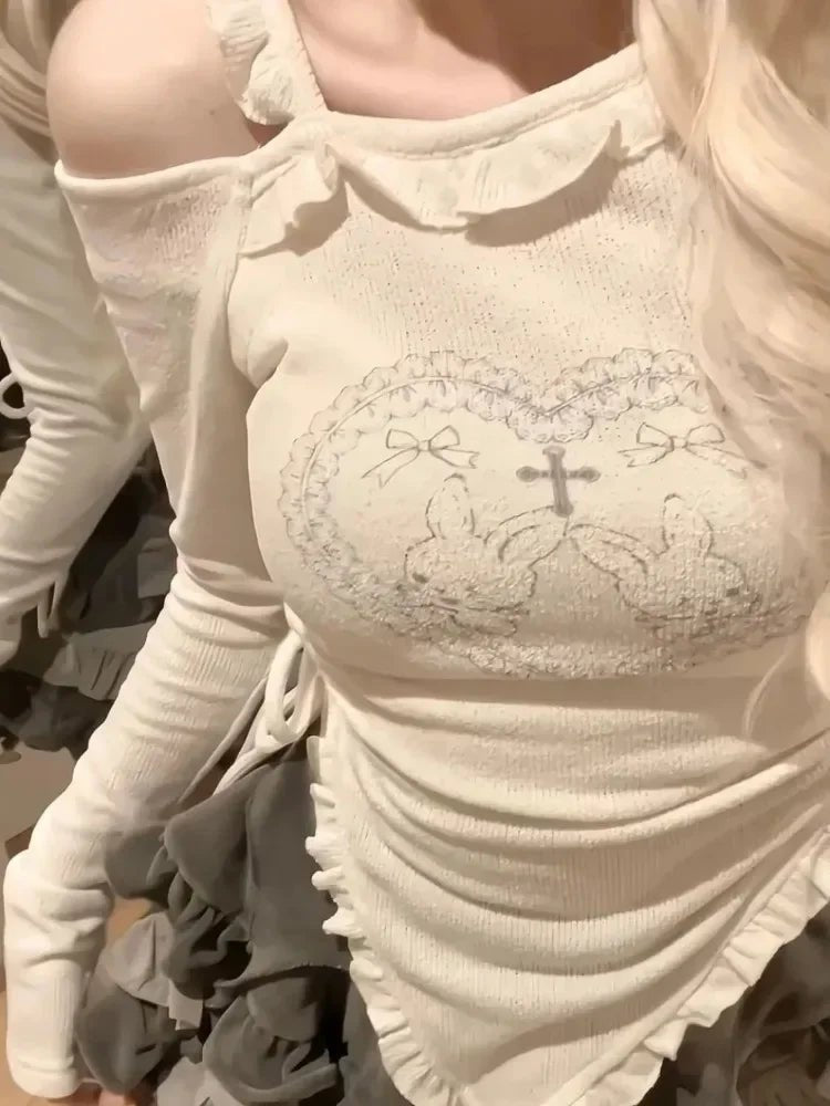 Y2K Kawaii Harajuku Ruffle Tee - Cute Rabbit Print