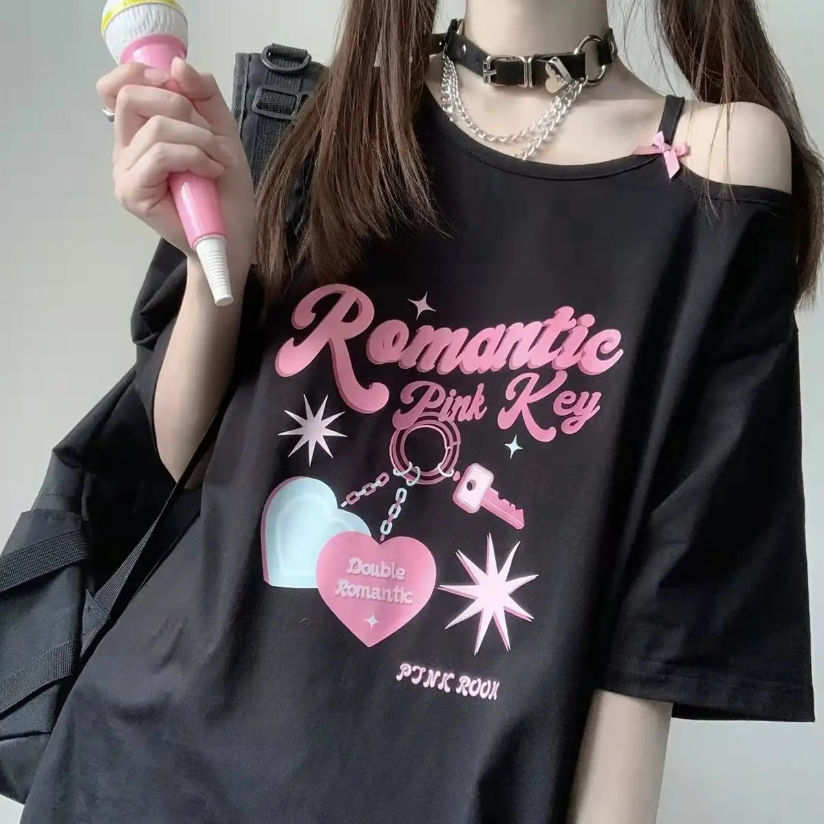 Y2K Kawaii Off Shoulder T-shirt - Harajuku Cute Graphic Tee