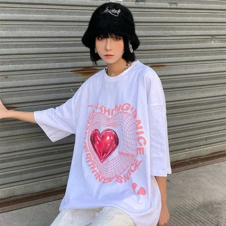 Y2K Oversized Love Graphic Tee - Harajuku Sweet Streetwear
