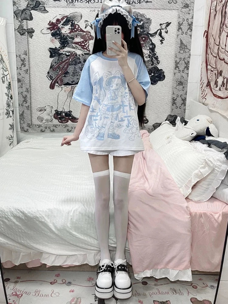 Y2K Harajuku Patchwork Tee - Kawaii Cartoon Print
