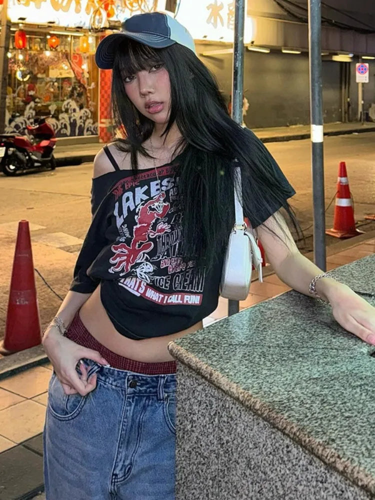 Y2K Gothic Off Shoulder Tee - Letter Print Grunge Crop Top