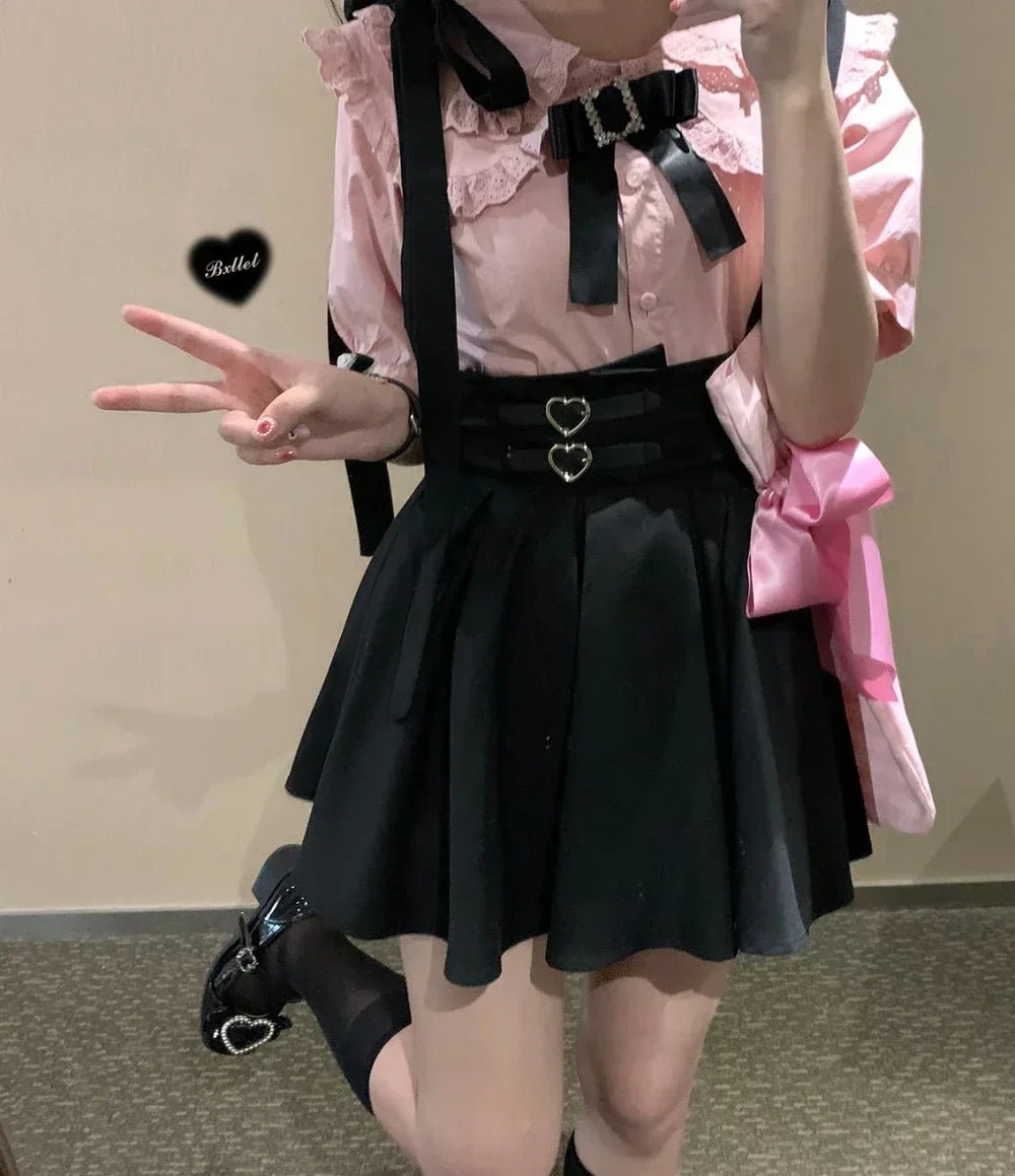 Y2K High Waist Suspender Skirt - Cute Gothic Streetwear