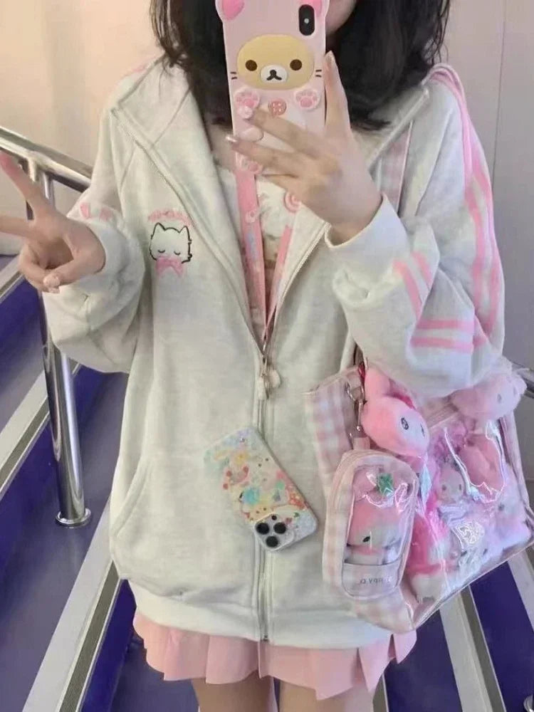 Kawaii Pink Cat Hoodie - Harajuku Oversized Style