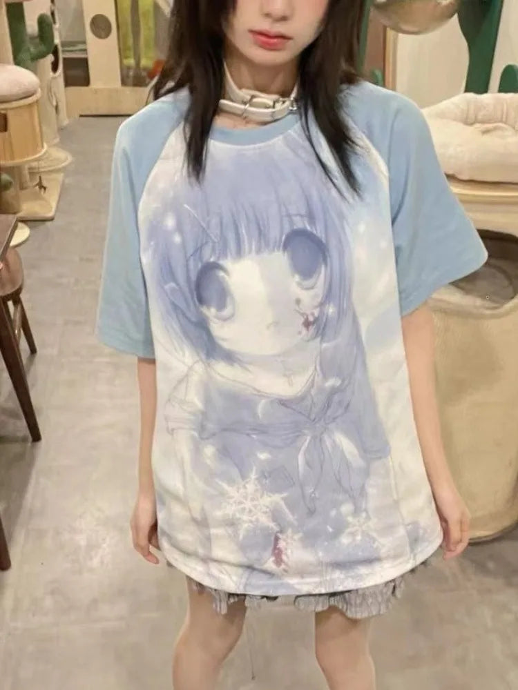 Y2K Cartoon Print Patchwork Tee - Grunge Harajuku Casual