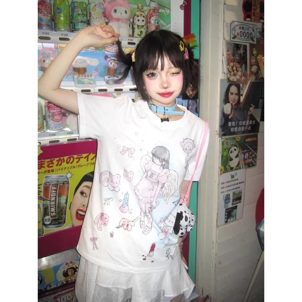 Y2K Kawaii Angel Print Tee - Harajuku Streetwear