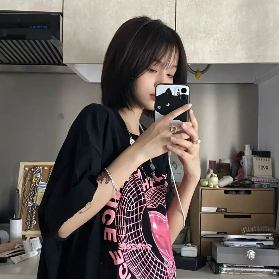 Y2K Oversized Love Graphic Tee - Harajuku Sweet Streetwear