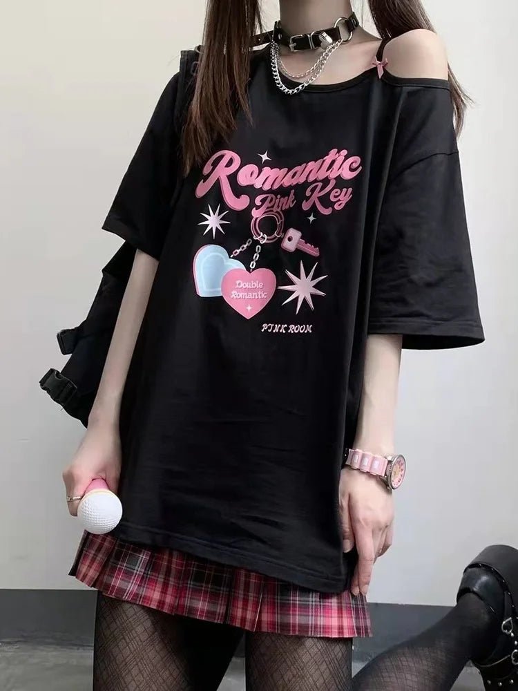 Y2K Kawaii Off Shoulder T-shirt - Harajuku Cute Graphic Tee