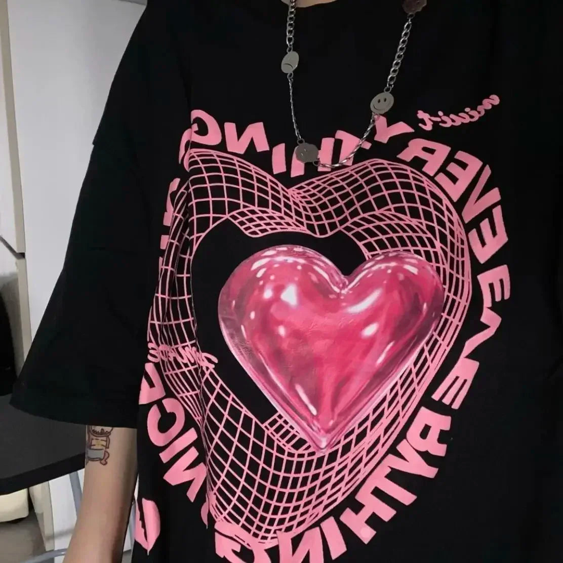 Y2K Oversized Love Graphic Tee - Harajuku Sweet Streetwear
