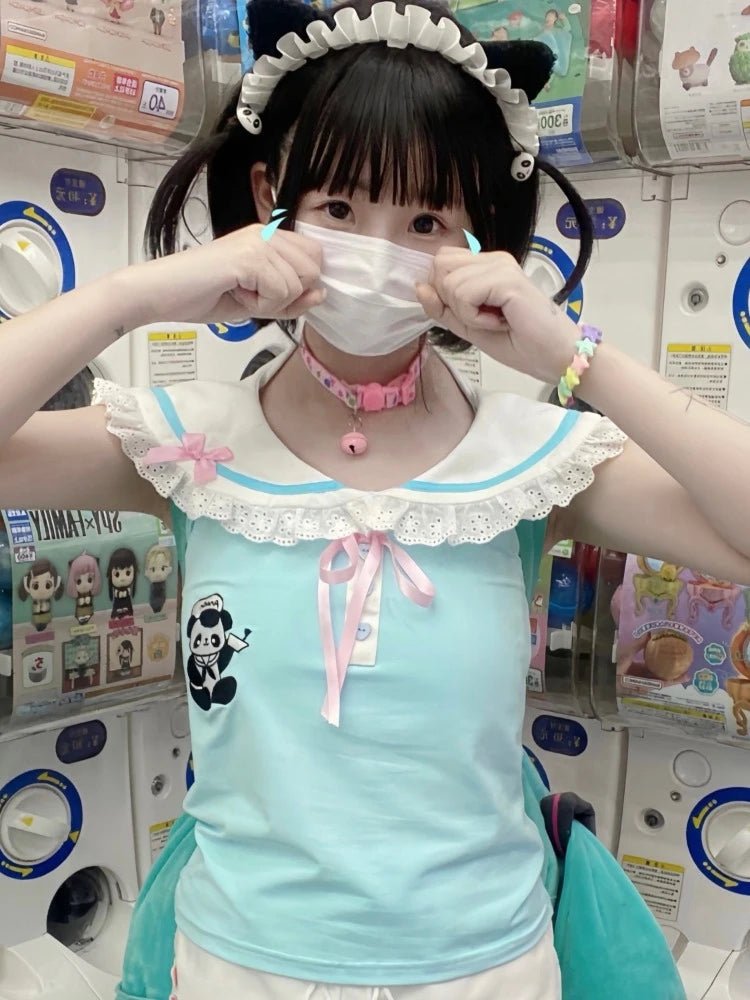 Y2K Kawaii Patchwork Lace Tee - Harajuku Bow Embroidery