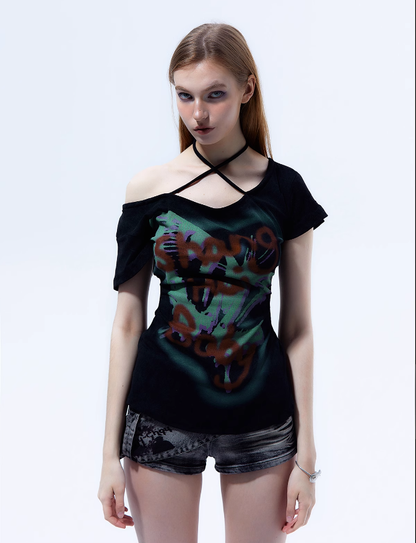 Y2K Vintage Off-Shoulder Tee - Slim Fit Summer Top