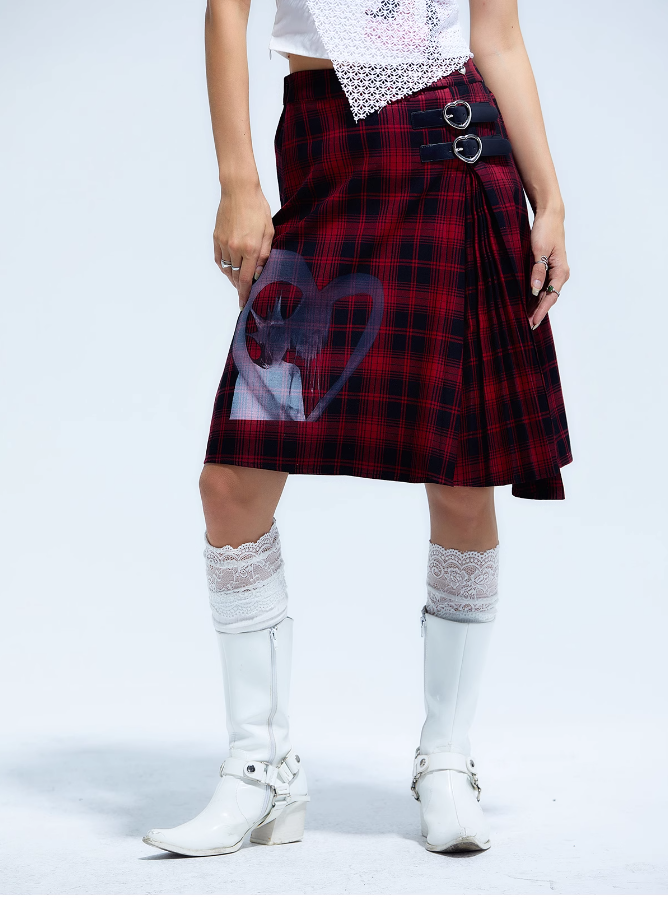 Y2K Punk Plaid A-line Skirt - Heart Pleated