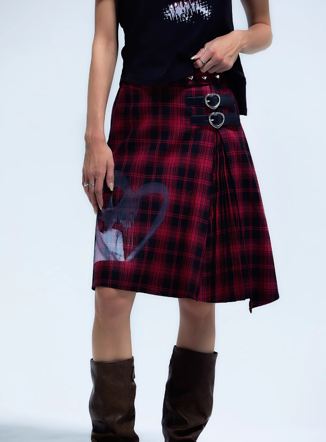 Y2K Punk Plaid A-line Skirt - Heart Pleated