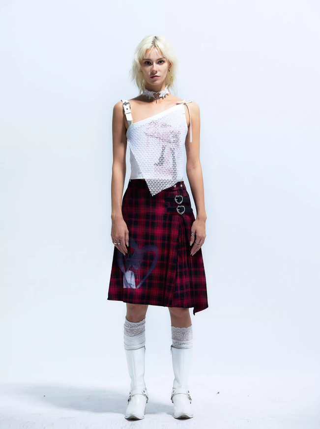 Y2K Punk Plaid A-line Skirt - Heart Pleated