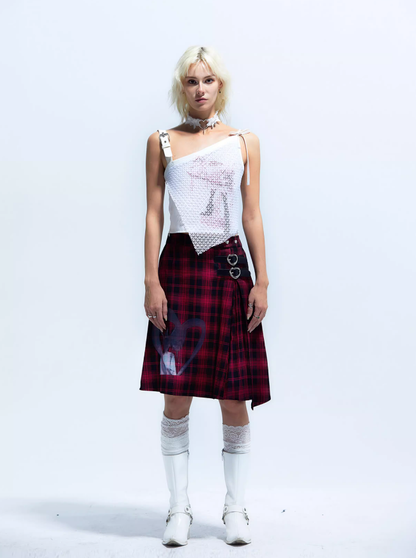 Y2K Punk Plaid A-line Skirt - Heart Pleated