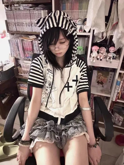 Y2K Kawaii Stripes Patchwork Tee - Harajuku Cute Cartoon Hoodie