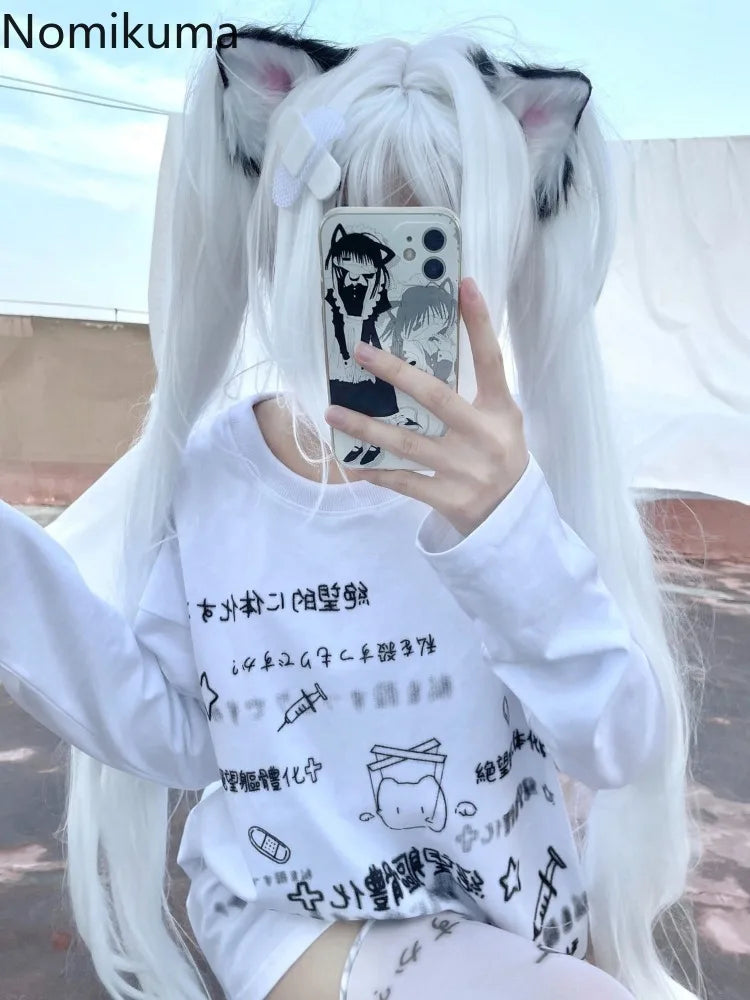 Y2K Anime Print Long Sleeve Tee - Japanese Cute Oversized