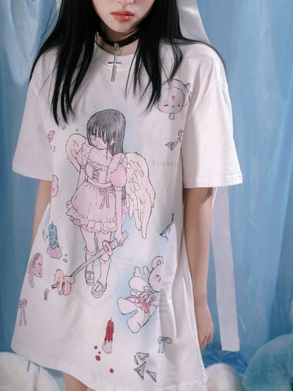 Y2K Kawaii Angel Print Tee - Harajuku Streetwear