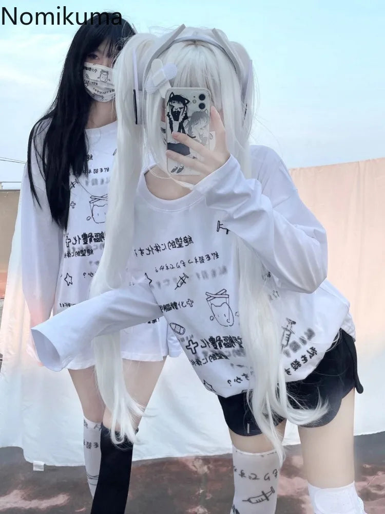 Y2K Anime Print Long Sleeve Tee - Japanese Cute Oversized