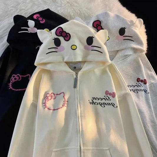 Y2K Kawaii Hello Kitty Plush Coat - Cute Sanrio Hooded Jacket