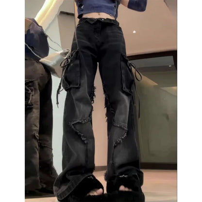 Y2K Black Gothic Cargo Jeans - Star Emo Baggy Pants