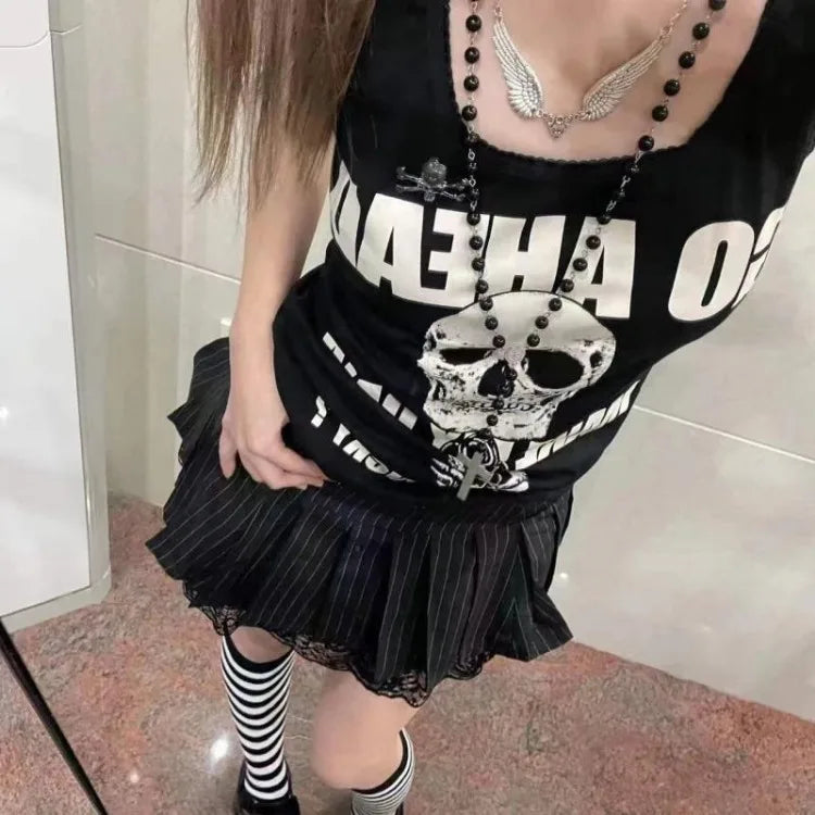 Y2K Punk Skull Rose Vest - Grunge Sleeveless Black Tee